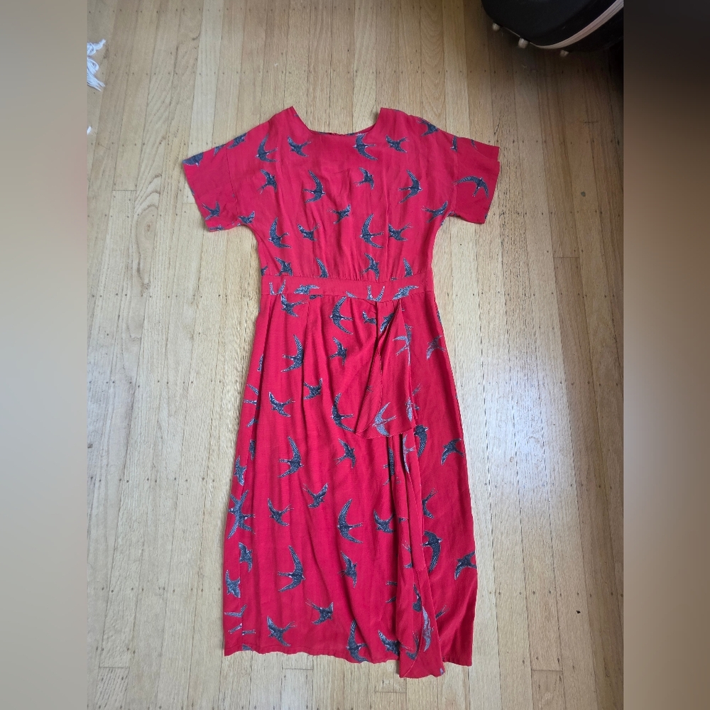 Asos Red Seagaull Print Faux Wrap Midi Retro Dress Short Sleeves Size 2 EUC